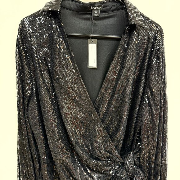 NWT Boohoo Size 12 Black Glitter Embellished Oversized Blazer Dress - Picture 3 of 5